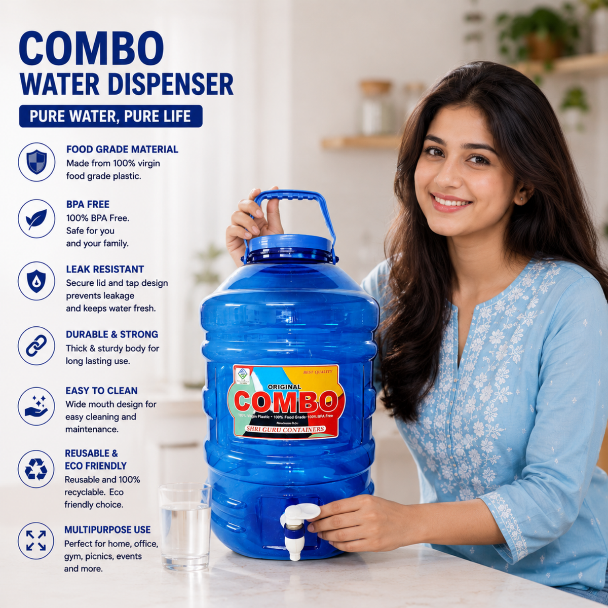 PLAMO Combo 20 Litre Water Dispenser with Tap Blue Color