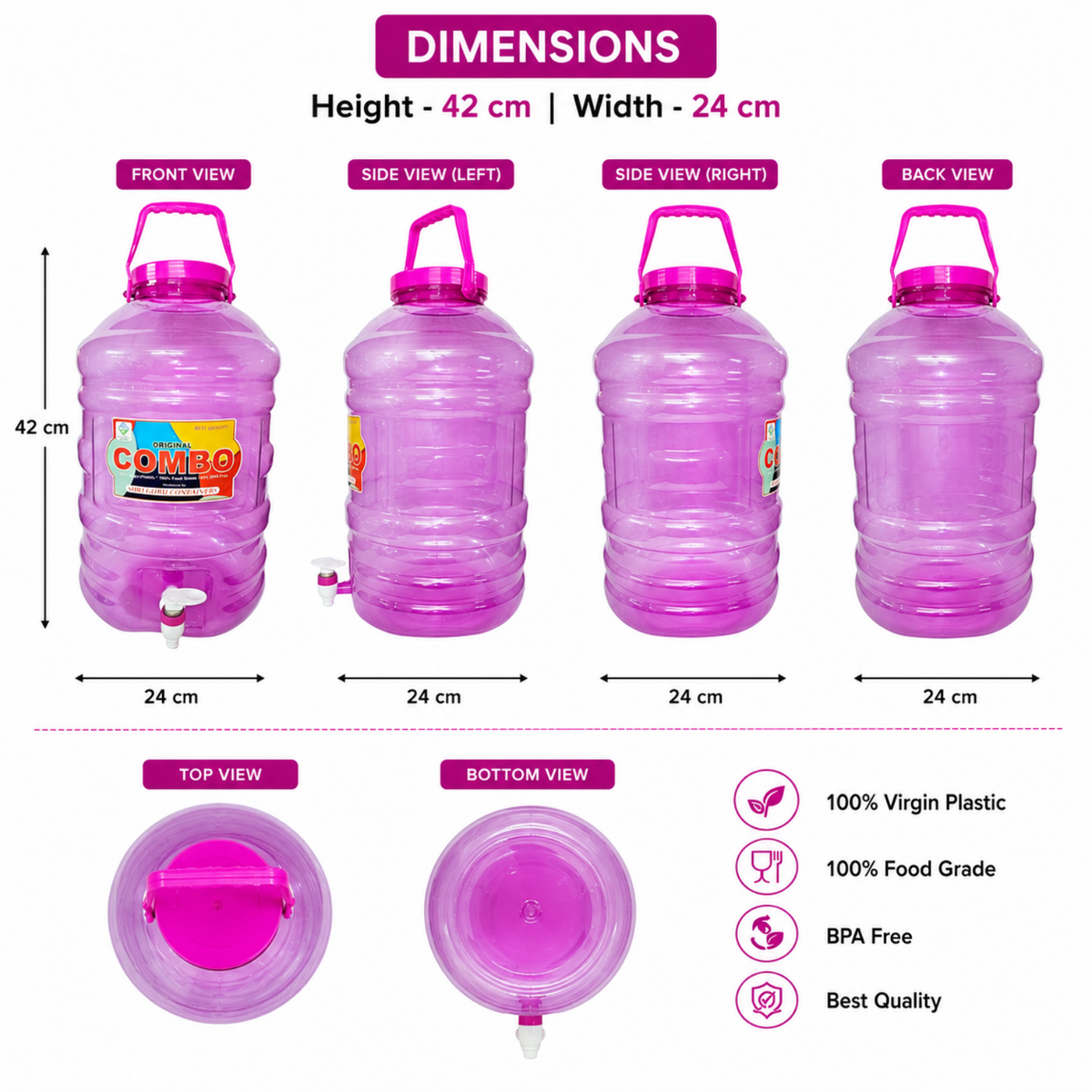 PLAMO Combo 20 Litre Water Dispenser with Tap Pink Color
