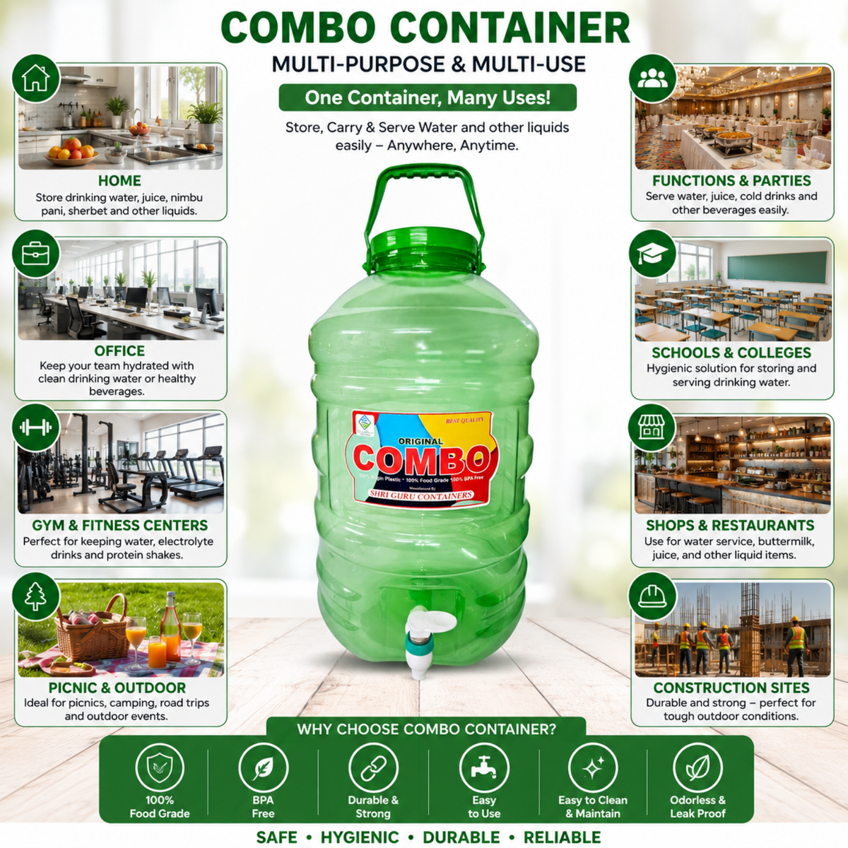 PLAMO Combo 20 Litre Water Dispenser with Tap Green Color