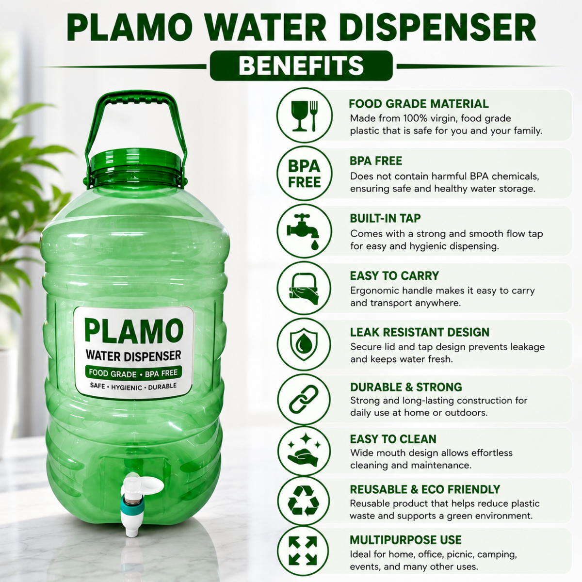 PLAMO Combo 20 Litre Water Dispenser with Tap Green Color