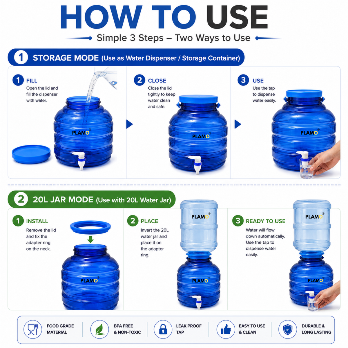 PLAMO 10 Litre 2-in-1 Water Dispenser with Tap