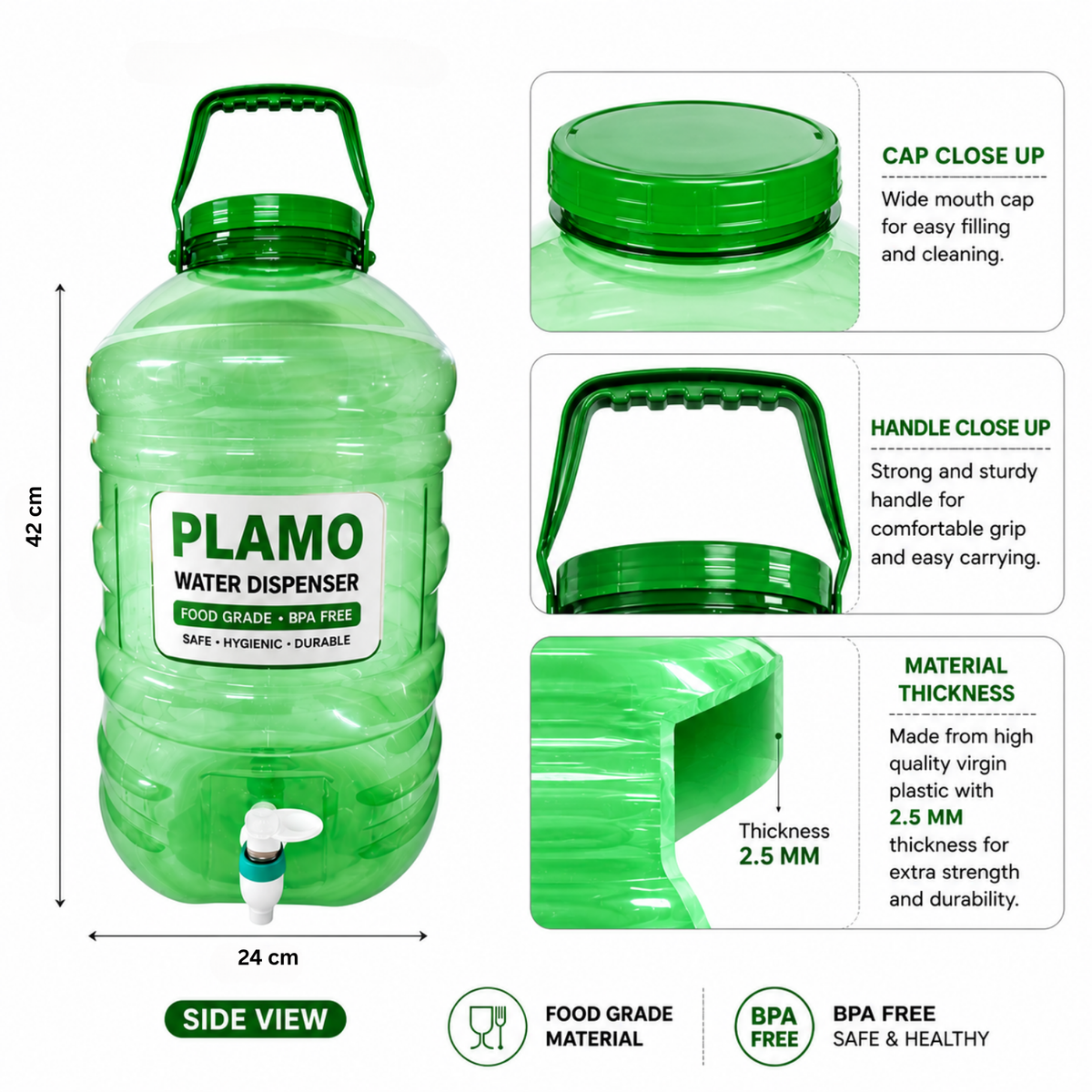 PLAMO Combo 20 Litre Water Dispenser with Tap Green Color